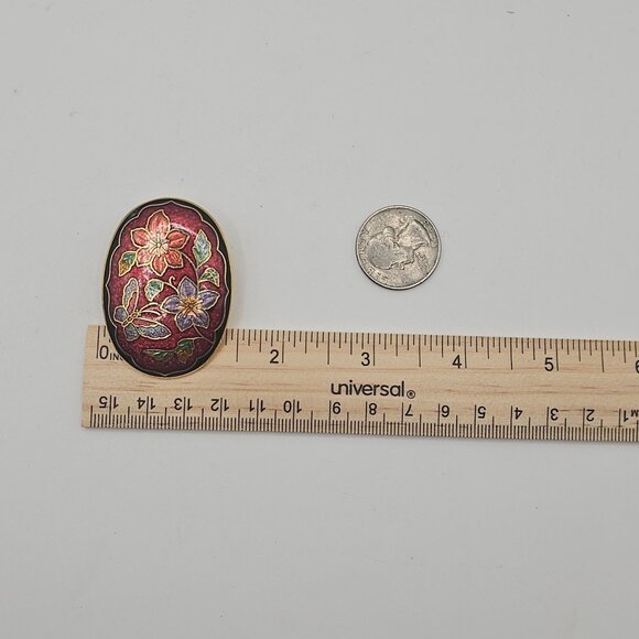 Cloisonné Red/Purple Floral Enamel Gold-Tone Oval Tie-Belt Clip Accessory - Picture 7 of 7